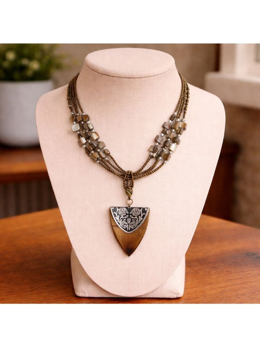 Handcrafted Multi-Strand Necklace Silver Black Plate Triangle Wood Pendant
